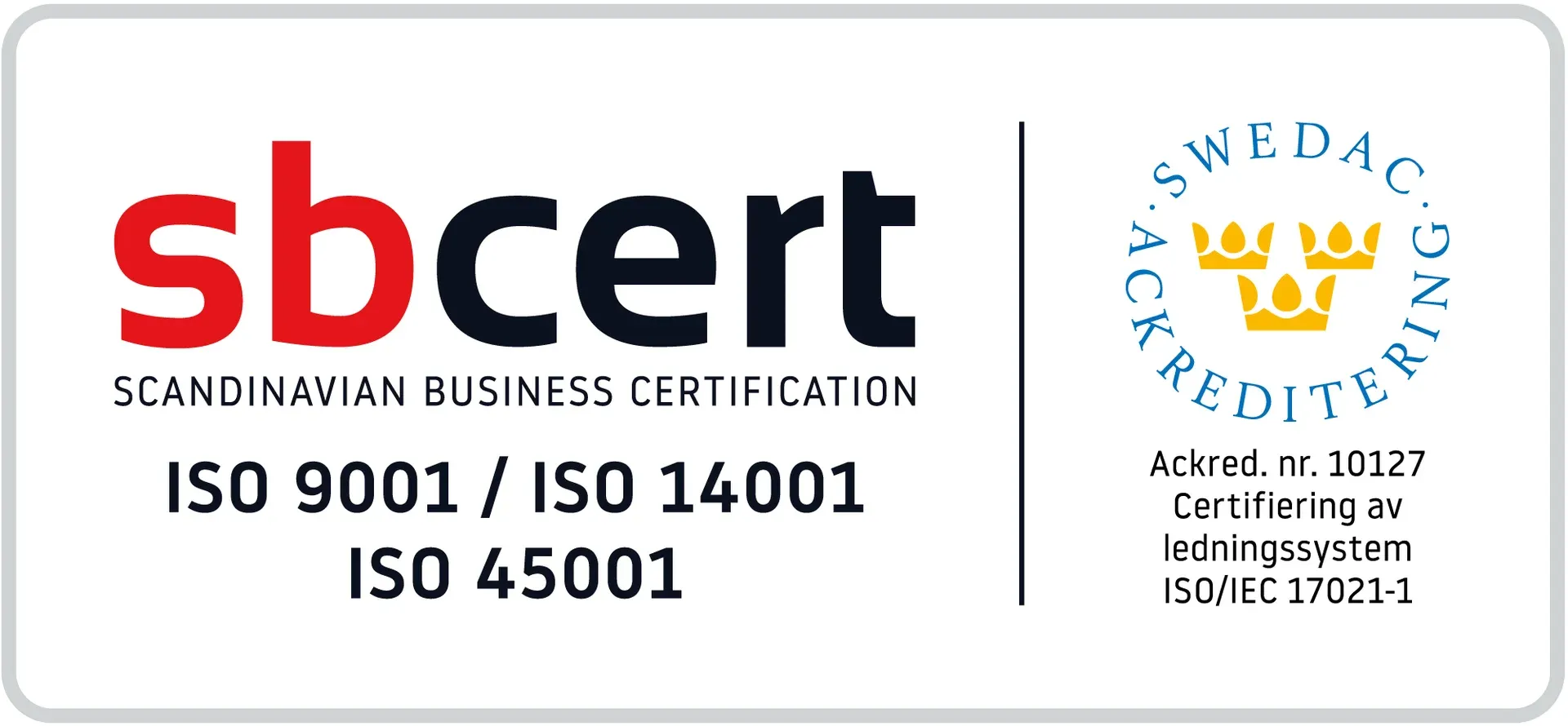 Certifieringsmärken för ISO 9001, ISO 14001 och ISO 45001.